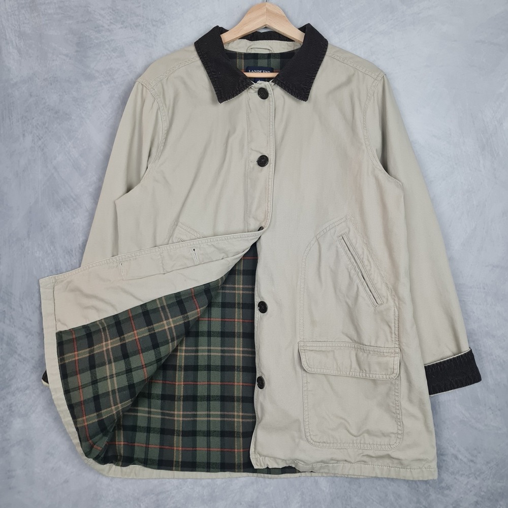 Lands End Barn Coat Womens Large 14-16 Beige Canvas Plaid Lined Corduroy Collar
